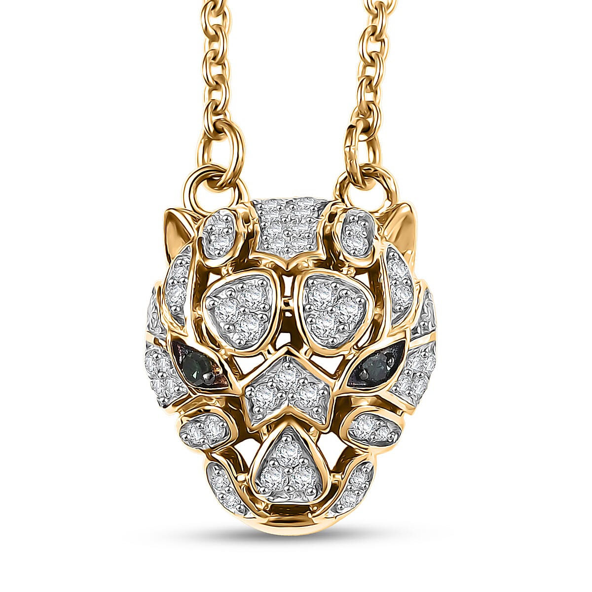 GP Trionfo Collection Green and White Diamond 0.25 ctw Tiger Necklace 18 Inches in 18K Vermeil Yellow Gold Over Sterling Silver