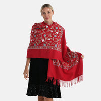 Tamsy Blue Polyester Soft Embroidered Flower Tassels Scarf (27.5"x70.8")