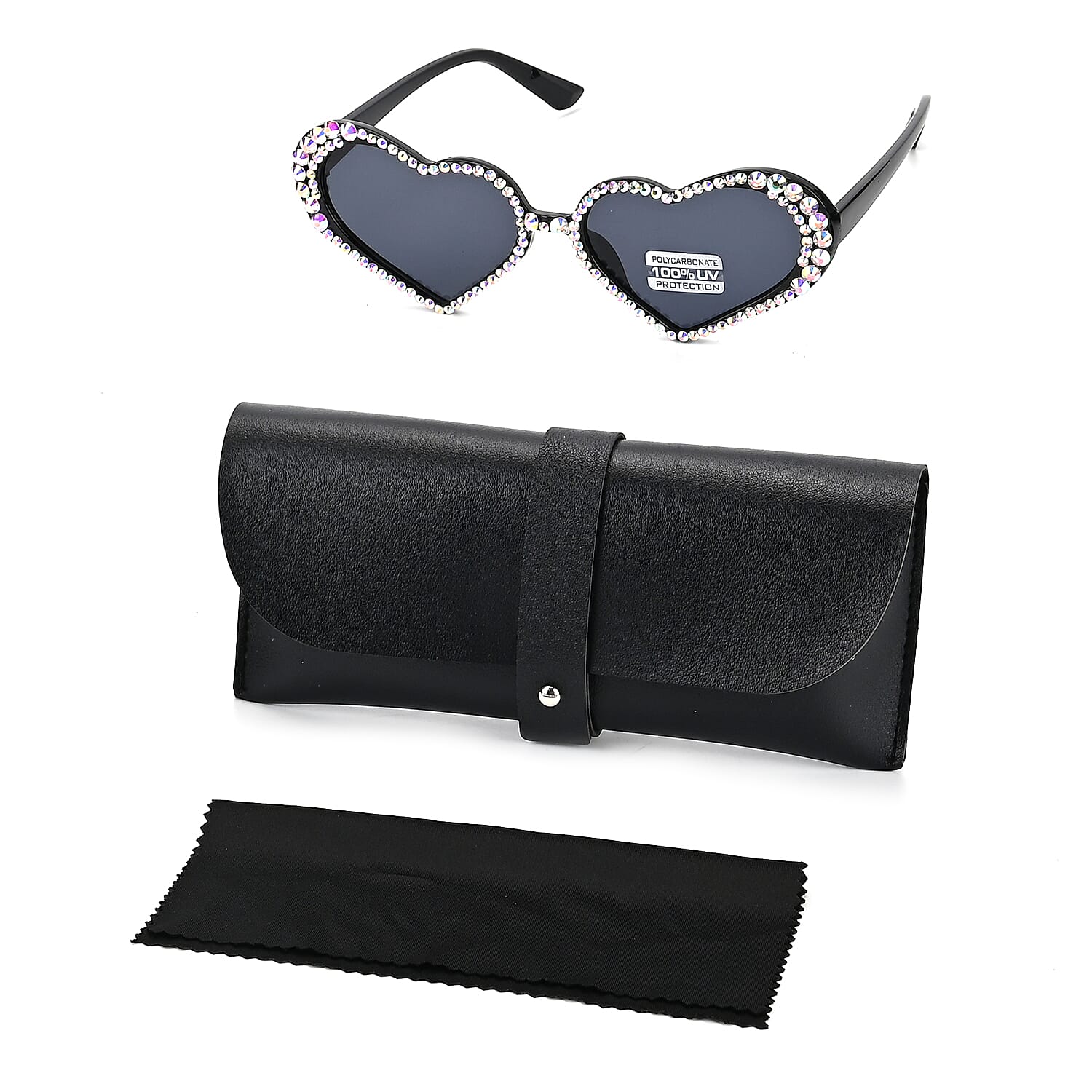 Gray Heart Shape UV400 Sunglasses with Black Artificial Crystal Frame