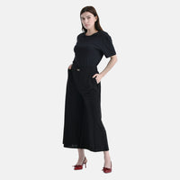 Tamsy Black Solid Capri Wide Leg Pant with Pockets - S/M