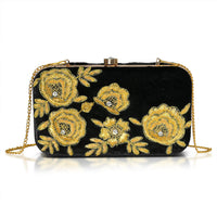 La Marey Black Genuine Leather Bead Work Clutch Bag (8"x4.5"x2") with Chain Strap