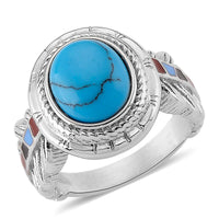 Blue Howlite and Enameled Feather Ring in Stainless Steel (Size 10.0) 1.50 ctw