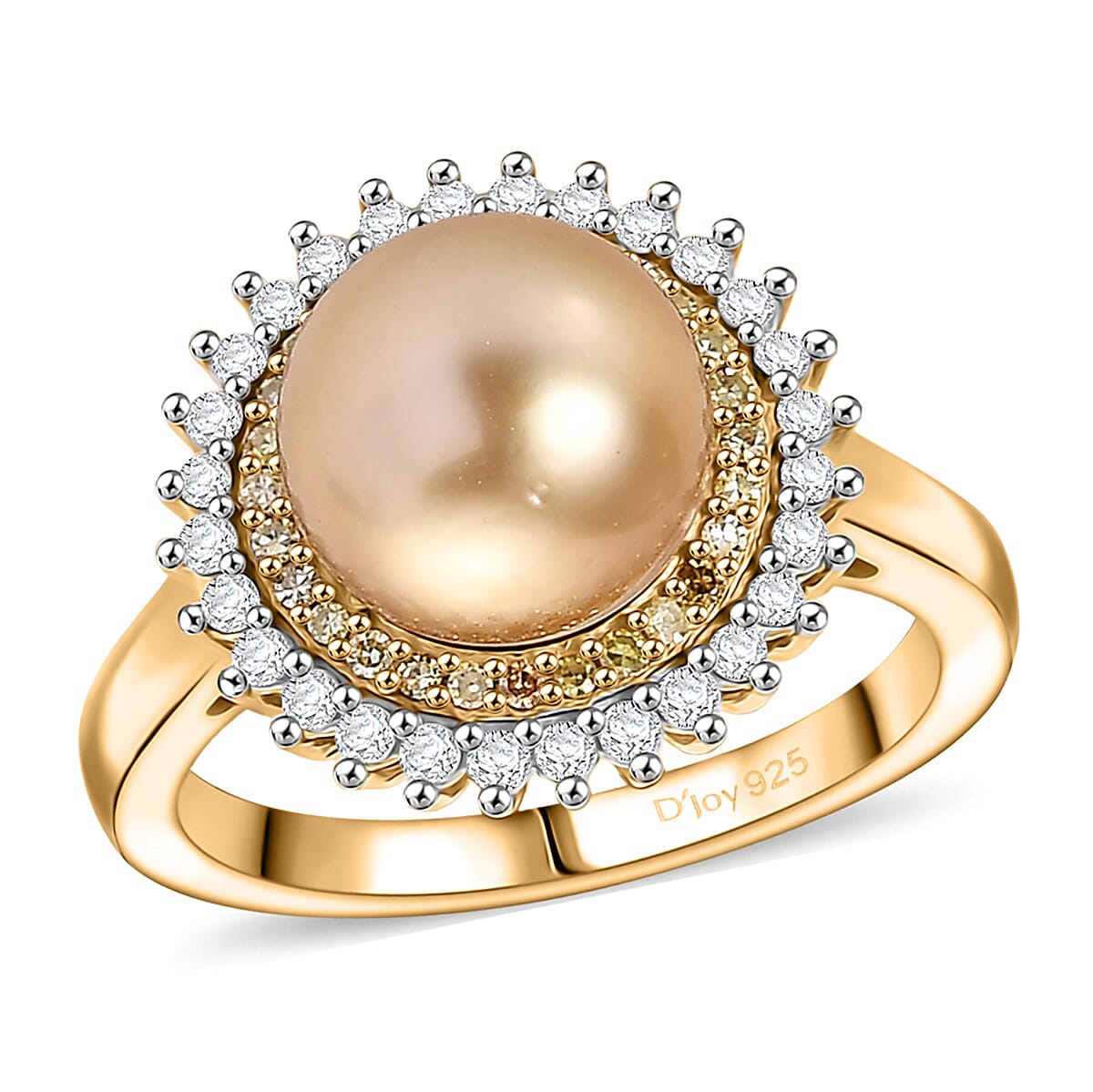 D'Joy South Sea Golden Pearl, Natural Yellow and White Diamond 0.45 ctw Ring in 18K Vermeil Yellow Gold Over Sterling Silver (Size 10.0)