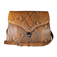 Grand Pelle Camel Genuine Python Leather Flap Bag (9.84"x7.67"x2.75") with Shoulder Strap