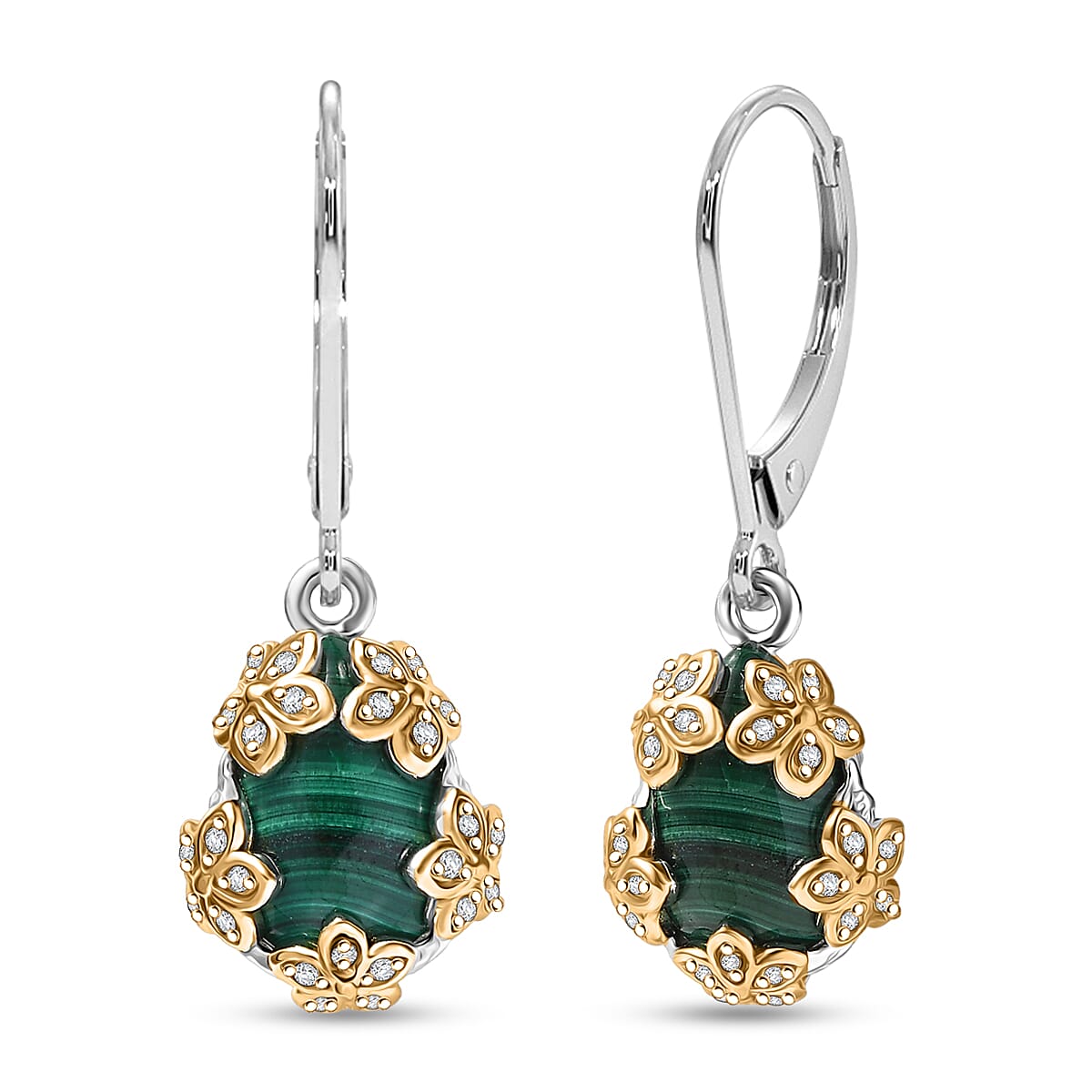 EverTrue African Malachite and White Zircon 9.75 ctw Floral Earrings in 18K YG Plated and Platinum Bond
