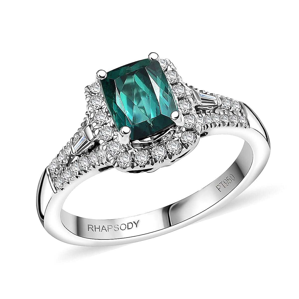 Certified & Appraised Rhapsody AAAA Monte Belo Indicolite and E-F VS Diamond 1.54 ctw Ring in 950 Platinum (Size 12.0) 5.70 Grams