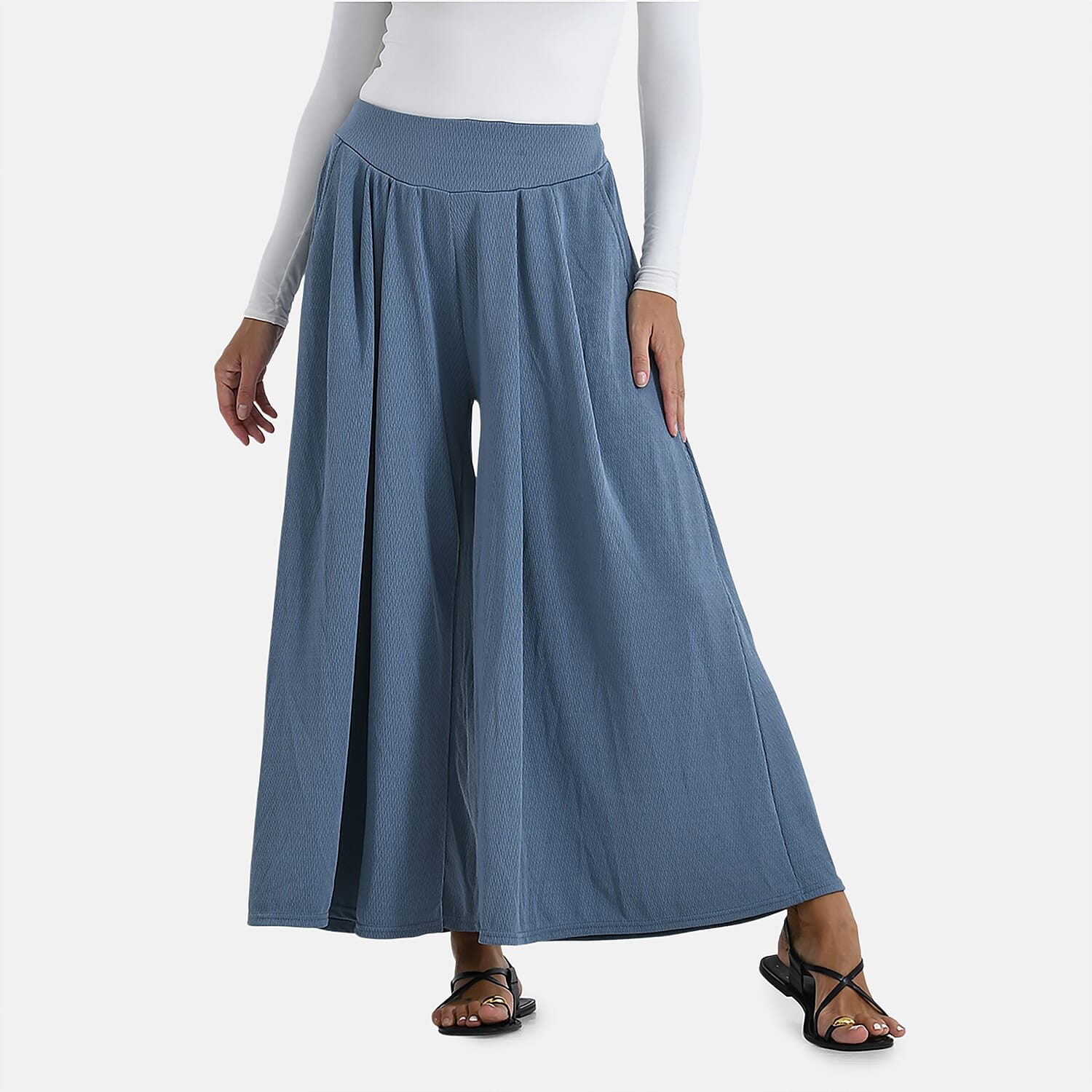 TAMSY Slate Blue Wide Leg Pleated Front Knit Trouser (Length 38.18", Waist 14.17")