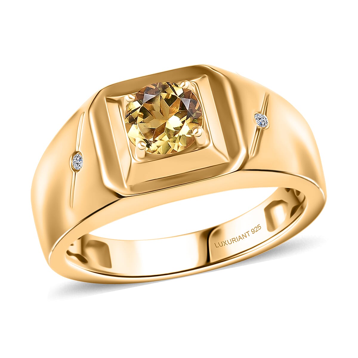AAA Brazilian Heliodor and G-H SI Luxuriant Lab Grown Diamond 0.80 ctw Men's Ring in 18K Vermeil Yellow Gold Over Sterling Silver (Size 10.0)