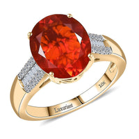 10K Yellow Gold Mexican Cherry Fire Opal, Luxuriant Lab Grown Diamond (E-F, VS) (0.19 cts) Ring (Size 6.0) 3.15 ctw