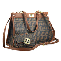 La Marey Gray with F Letter Print Faux Leather and Polyester Tote Bag with Small Pouch