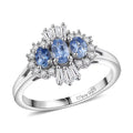 D'Joy Premium Ceylon Blue Sapphire, Moissanite Regal Burst Ring in Rhodium Over Sterling Silver (Size 10.0) 1.10 ctw - Sticky add to cart bar