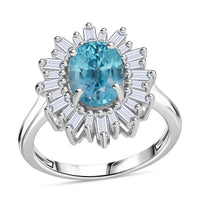 Doorbuster D'Joy Cambodian Blue Zircon, Moissanite Starlight Solstice Ring in Rhodium Over Sterling Silver (Size 10.0) 4.50 ctw