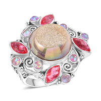 Sajen Silver Pink Pearl Dyed Window Drusy Quartz, Multi Gemstone Ring in Rhodium Over Sterling Silver (Size 10.0) 15.80 ctw