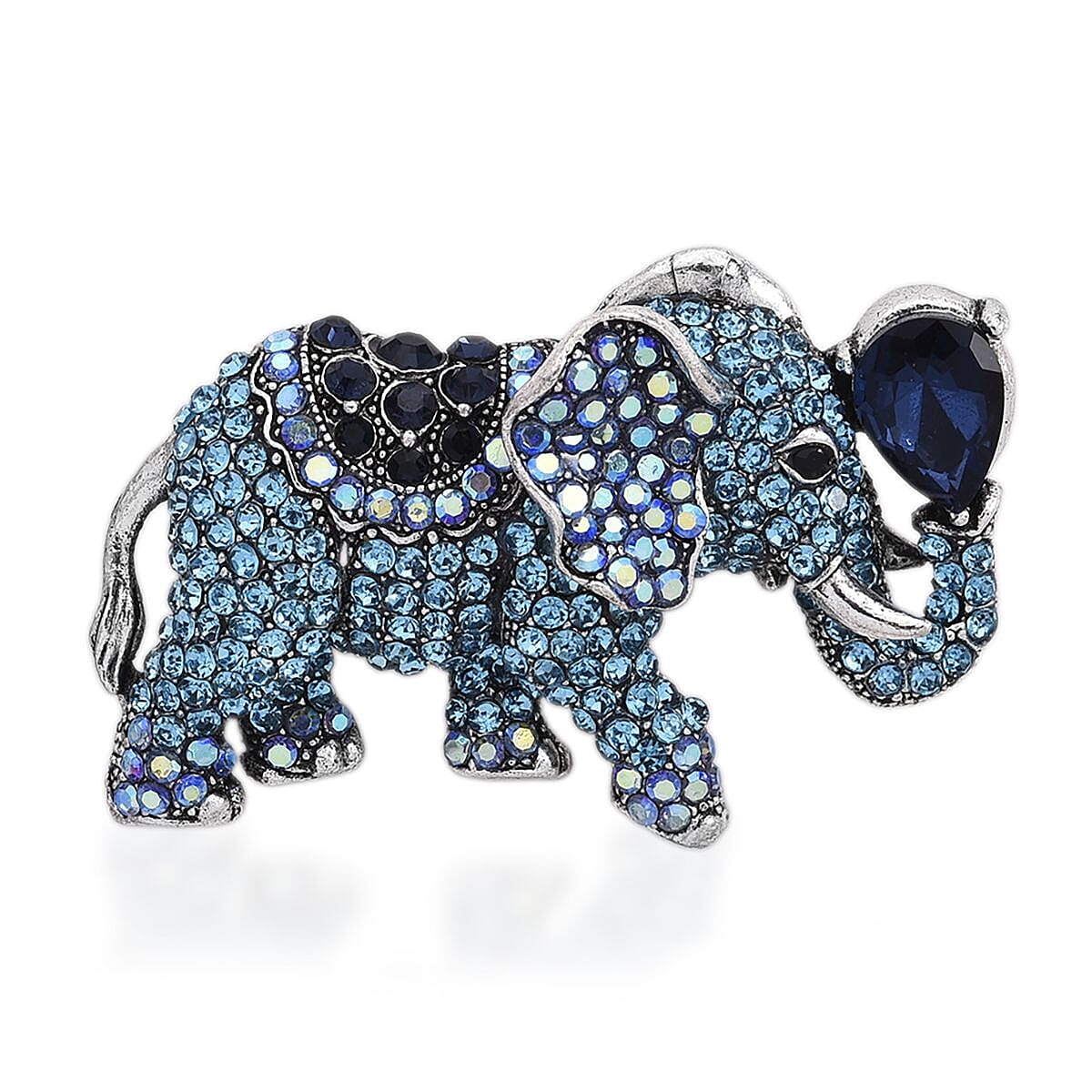 Blue Austrian Crystal Elephant Brooch in Silvertone