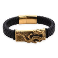 Dragon Motif Microfiber Leather Bracelet in ION Plated YG Stainless Steel (8.00 In) - Sticky add to cart bar