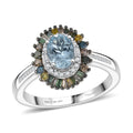 D'Joy Santa Maria Aquamarine, Multi Diamond (Natural & IR) (0.50 cts) Ring in Rhodium Over Sterling Silver (Size 10.0) 1.20 ctw - Sticky add to cart bar