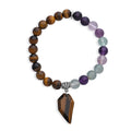 Yellow Tiger's Eye and Multi Fluorite 43.00 ctw Beaded Stretch Bracelet in Silvertone (6.25-7.25In) - Sticky add to cart bar