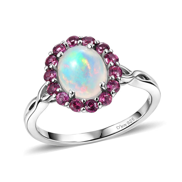 D'Joy Premium Ethiopian Welo Opal, Radiant Ember Garnet Ring in Rhodium Over Sterling Silver (Size 10.0) 1.85 ctw - Product card gallery slide 1 (10178501673273)
