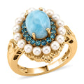 D'Joy AAA Larimar, Multi Gemstone Ocean Bloom Halo Ring in 18K Vermeil YG Over Sterling Silver (Size 10.0) 2.75 ctw - Sticky add to cart bar