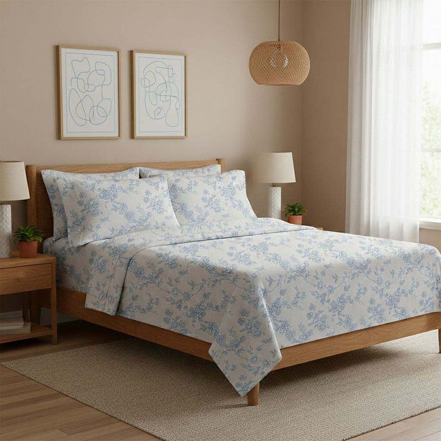 Seeboo 6pc White & Blue Floral Microfiber Sheet Set -California King