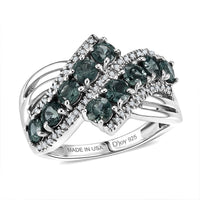 D'Joy Montana Sapphire, White Zircon Midnight Tide Ring in Rhodium Over Sterling Silver (Size 6.0) 2.50 ctw