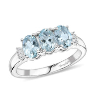 D'Joy Premium Mangoro Aquamarine, Diamond Timeless Trio Ring in Rhodium Over Sterling Silver (Size 10.0) 1.10 ctw