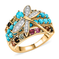 GP Trionfo Collection Premium Lagoon Turquoise, Multi Gemstone Dragonfly Ring in 18K Vermeil YG Over Sterling Silver (Size 10.0) 3.00 ctw