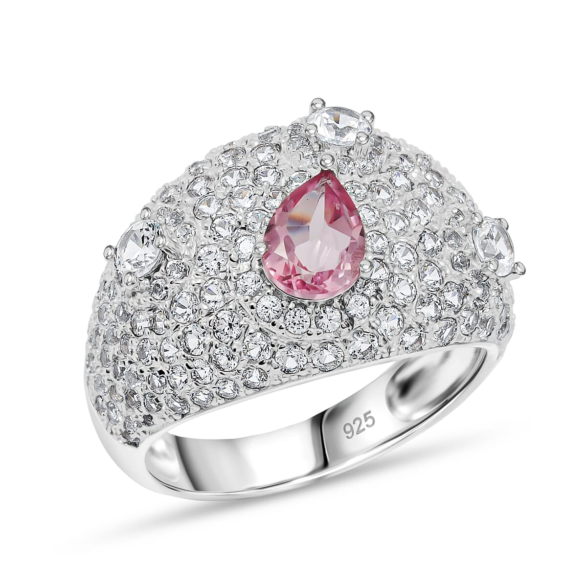 Pink Quartz and White Corundum 0.75 ctw Ring in Rhodium Over Sterling Silver (Size 8.0)