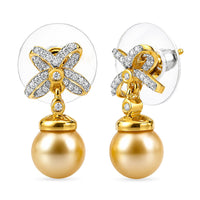 D'Joy Premium Golden South Sea Pearl 8-10mm, Moissanite Earrings in 18K Vermeil YG Over Sterling Silver 0.25 ctw