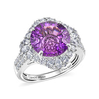 Certified & Appraised D'Joy Crazy Fire Cut Premium Zambian Amethyst, Moissanite Ring in Rhodium Over Sterling Silver (Size 10.0) 5.50 ctw