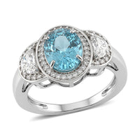 D'Joy Premium Cambodian Blue Zircon, Moissanite Ring in Rhodium Over Sterling Silver (Size 10.0) 3.10 ctw