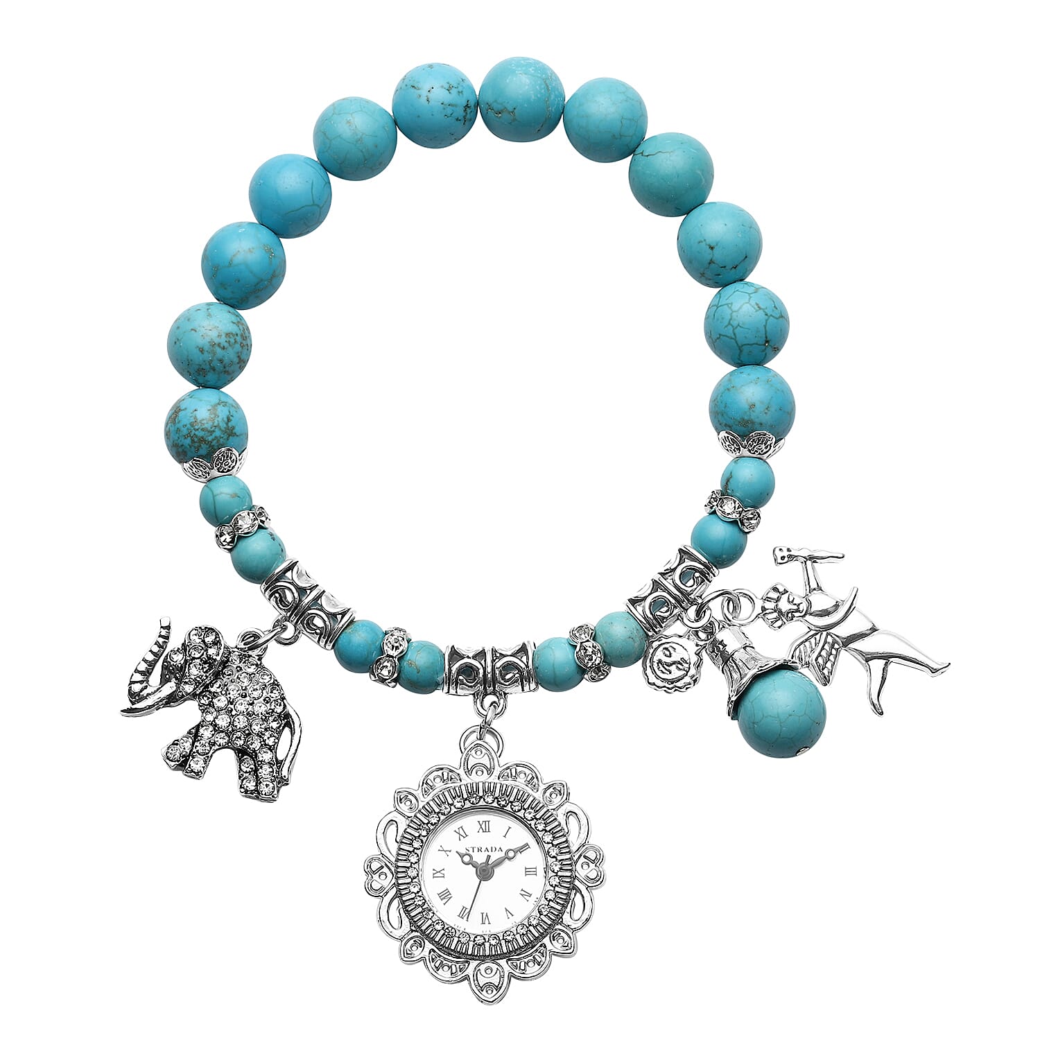 STRADA Blue Howlite Beaded, Austrian Crystal Japanese Movement Stretch Bracelet Watch with Elephant and Fairy Charm in Silvertone (7-7.50 In) 30.00 ctw