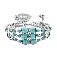 STRADA Blue Howlite Beaded, Austrian Crystal Japanese Movement Bracelet Charm Watch in Silvertone (6.75- 8.25 In) 24.00 ctw
