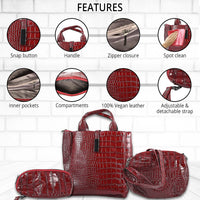 TLV YOUZEY Black Crocodile Embossed Vegan Leather Tote Bag Set (13"x4.5"x8.5")