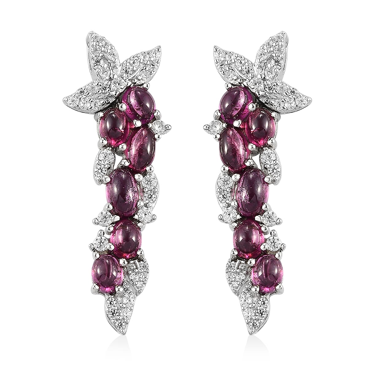 GP Italian Garden Collection Orissa Rhodolite Garnet and White Zircon Dangling Earrings in Platinum Over Sterling Silver 4.40 ctw