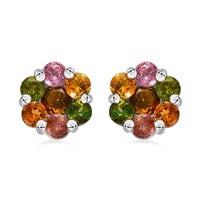 Multi Tourmaline Floral Stud Earrings in Platinum Over Sterling Silver 1.75 ctw
