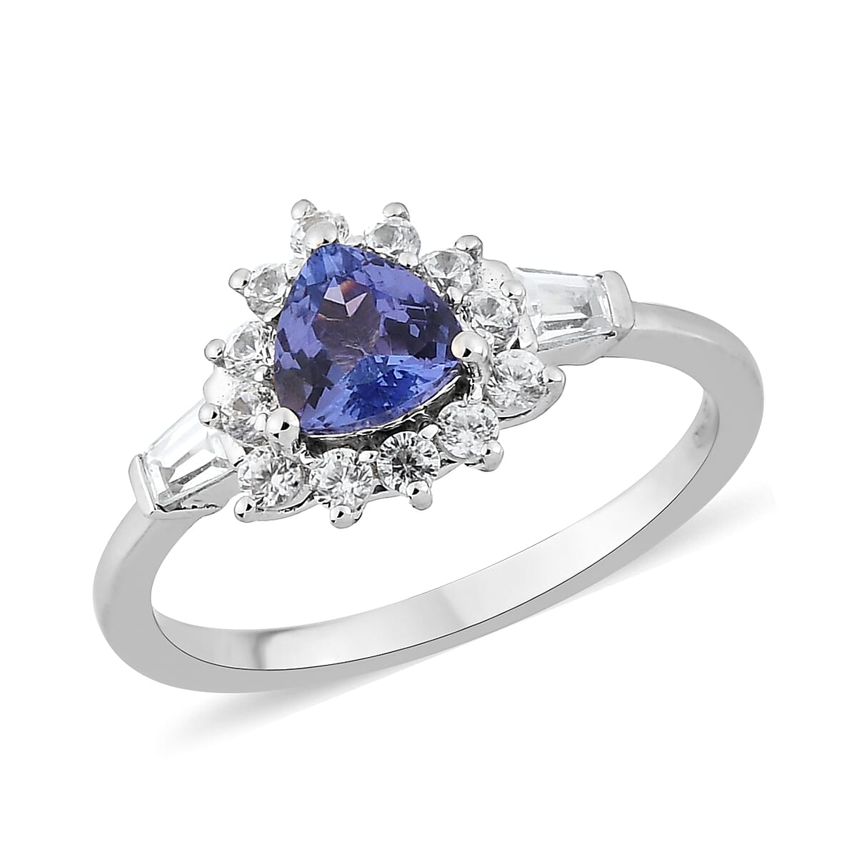 Tanzanite and White Zircon Halo Ring in Platinum Over Sterling Silver (Size 5.0) 1.15 ctw (1)