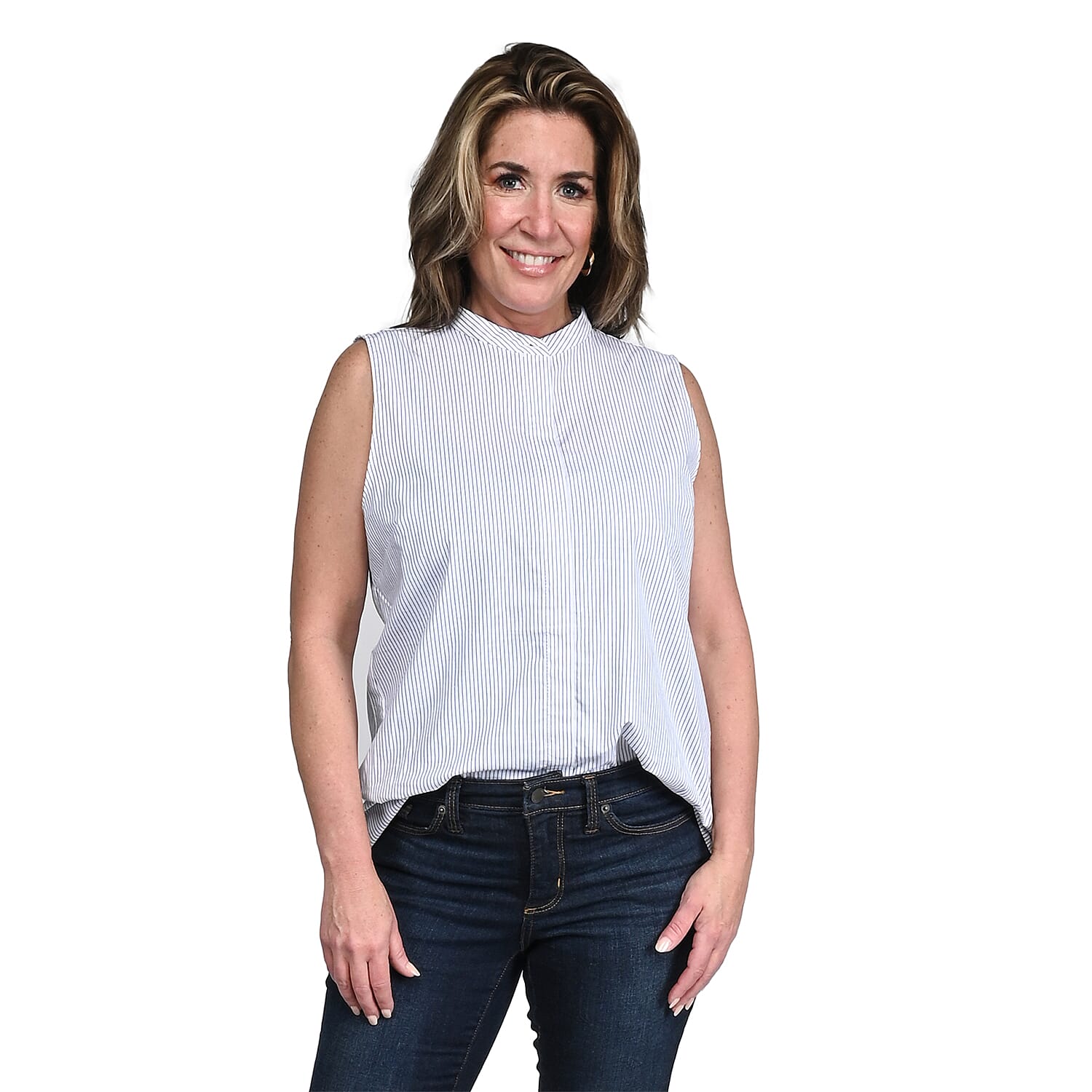 TAHARI White with Black Striped Sleeveless Button-up Blouse - M