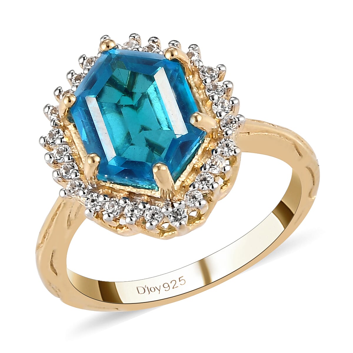 Caribbean Quartz and Natural White Zircon Halo Ring in Vermeil Yellow Gold Over Sterling Silver (Size 9.0) 3.60 ctw (1)
