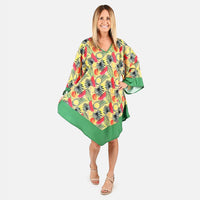 TAMSY Yellow and Green Floral Print Handkerchief Kaftan - One Size Fits Most