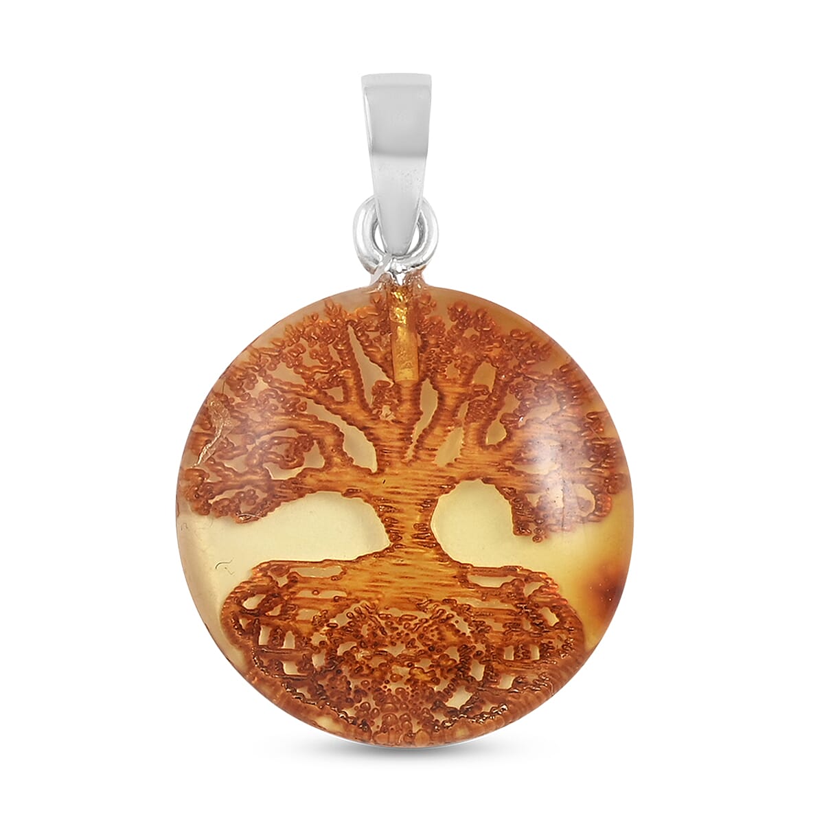 Baltic Amber Tree of Life Round Pendant in Sterling Silver