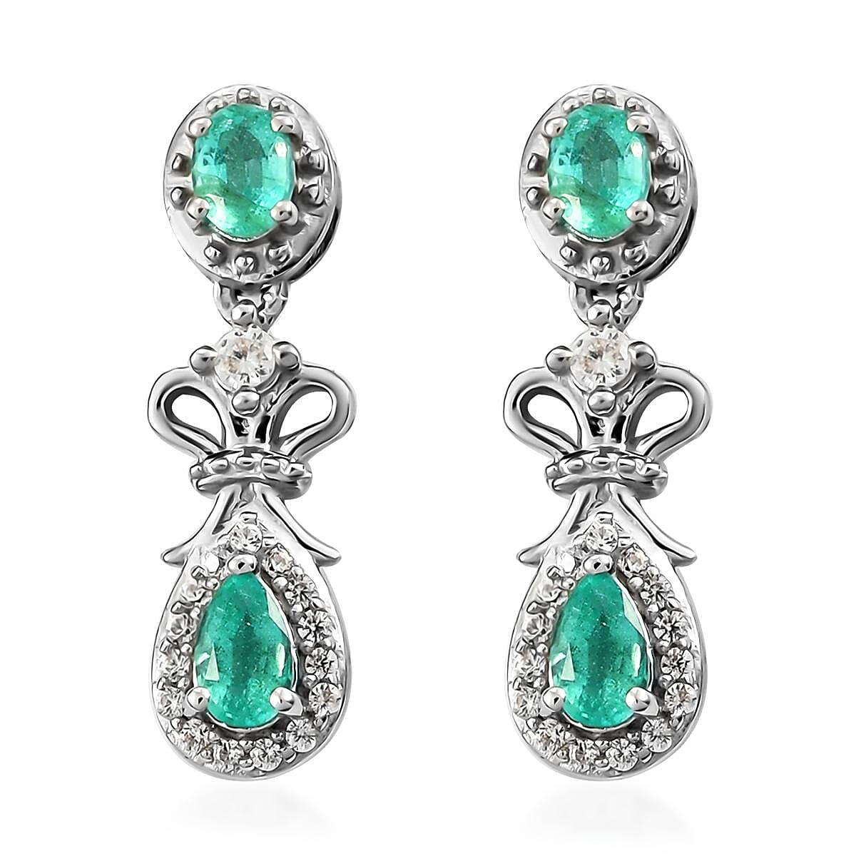 AAA Kagem Zambian Emerald and White Zircon Earrings in Platinum Over Sterling Silver 0.90 ctw