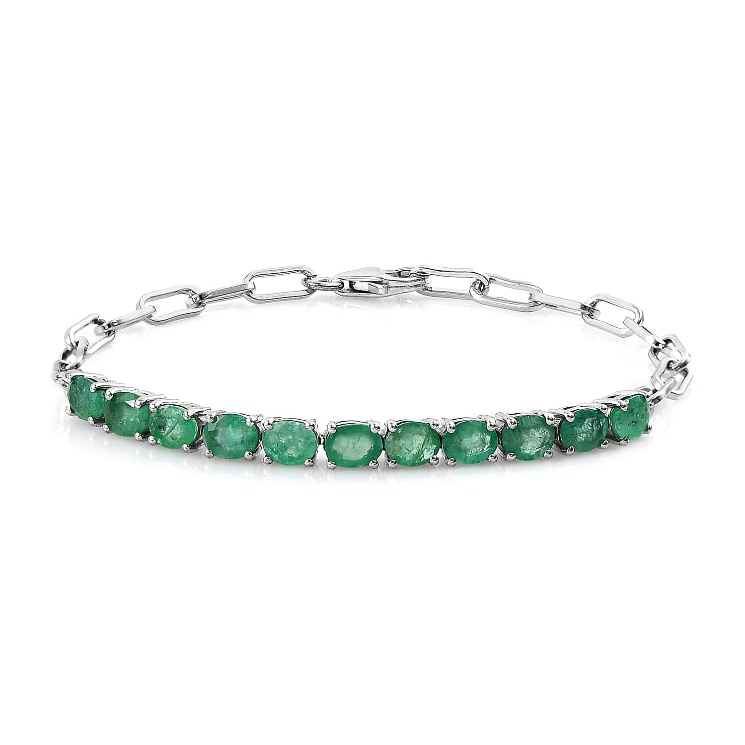 AAA Kagem Zambian Emerald Paper Clip Chain Bracelet in Platinum Over Sterling Silver (8.00 In) 3.50 ctw