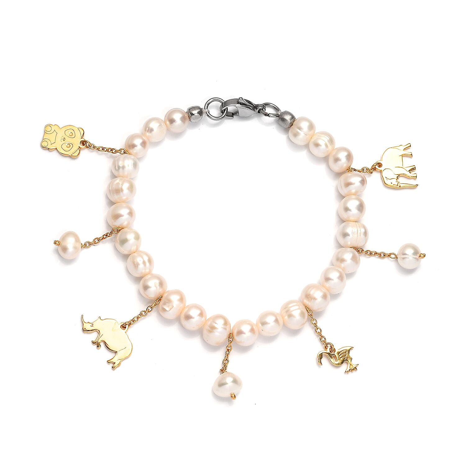 KARIS Freshwater Pearl Bracelet with Charm in ION Plated 18K Yellow Gold and Platinum Bond (6.50 In) (1)