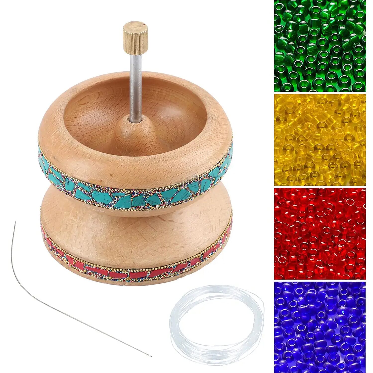 Pine Wood Bead Spinner Decorated with Steel Needle