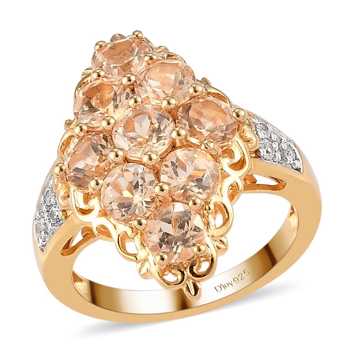 Natural Ceylon Imperial Garnet and Natural White Zircon Cluster Ring in Vermeil Yellow Gold Over Sterling Silver 3.00 ctw
