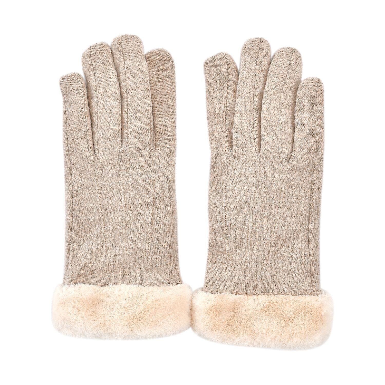 Beige Cashmere Warm Gloves with Faux Fur and Equipped Touch Screen Function (9.05"x3.54")