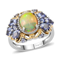 Premium Ethiopian Welo Opal and Tanzanite Ring in Vermeil Yellow Gold and Platinum Over Sterling Silver 2.15 ctw