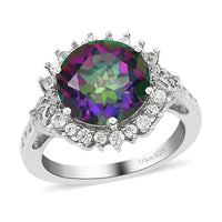Northern Lights Mystic Topaz and Natural White Zircon Halo Ring in Platinum Over Sterling Silver (Size 7.0) 6.50 ctw