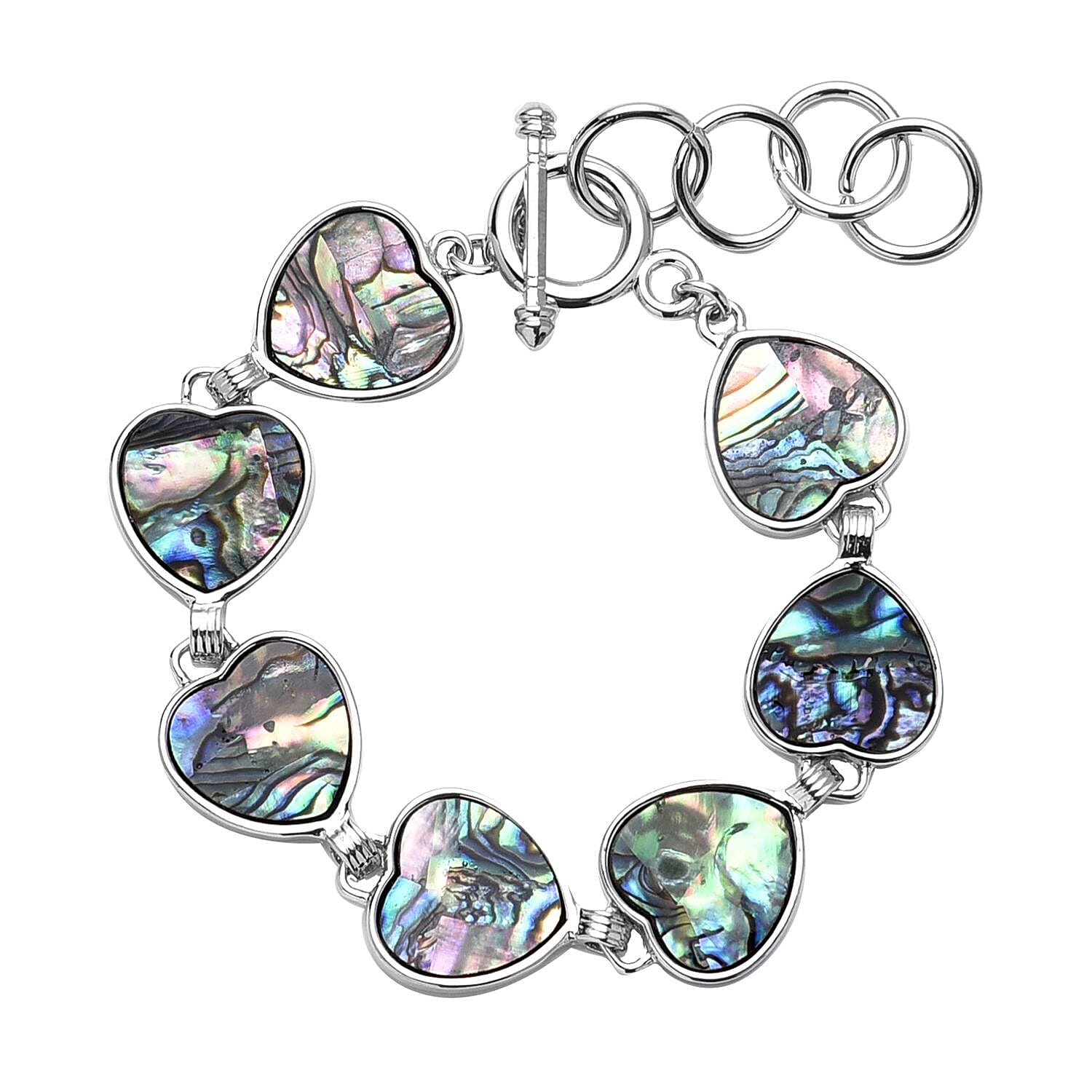 Abalone Shell Heart Shaped Link Bracelet in Silvertone (7-9In)